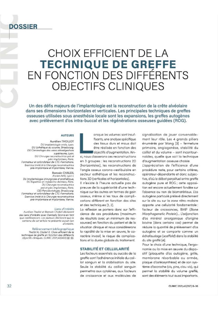 Choix efficient de la technique de greffe en fonction de différents objectifs cliniques (CLINIC 2021)